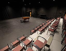 Isometric image of the Studio Theatre with seating and baby grand piano